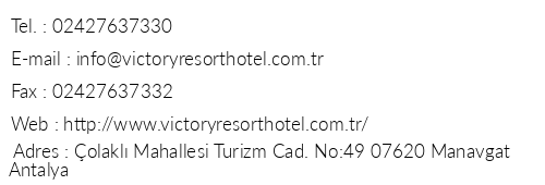 Victory Resort Hotel telefon numaralar, faks, e-mail, posta adresi ve iletiim bilgileri